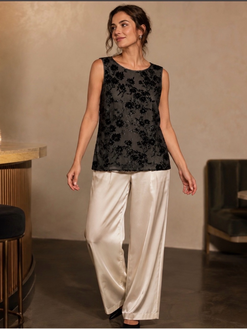 Vintage Kasper ASL Black Velvet Floral Silk Blend Top Size 12